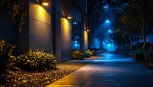 A photograph of a well-lit outdoor space showcasing flood lights illuminating a pathway or entrance