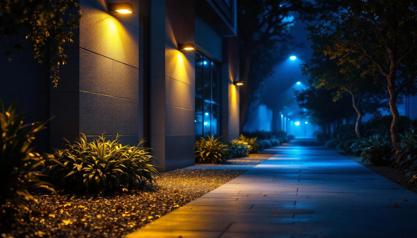 A photograph of a well-lit outdoor space showcasing flood lights illuminating a pathway or entrance