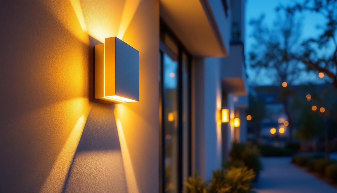 A photograph of a well-lit outdoor space showcasing a stylish led mini wall pack fixture installed on a building exterior