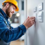 A photograph of a skilled lighting contractor installing or demonstrating various types of light switches in a well-lit
