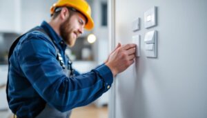 A photograph of a skilled lighting contractor installing or demonstrating various types of light switches in a well-lit