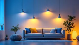 A photograph of a beautifully lit living room showcasing a variety of stylish led light fixtures