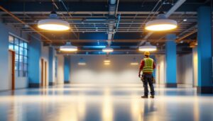 A photograph of a well-lit commercial space showcasing the installation of 4ft led ballast bypass bulbs