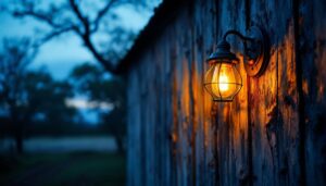 A photograph of a beautifully restored vintage exterior barn light illuminating a rustic barn setting at dusk