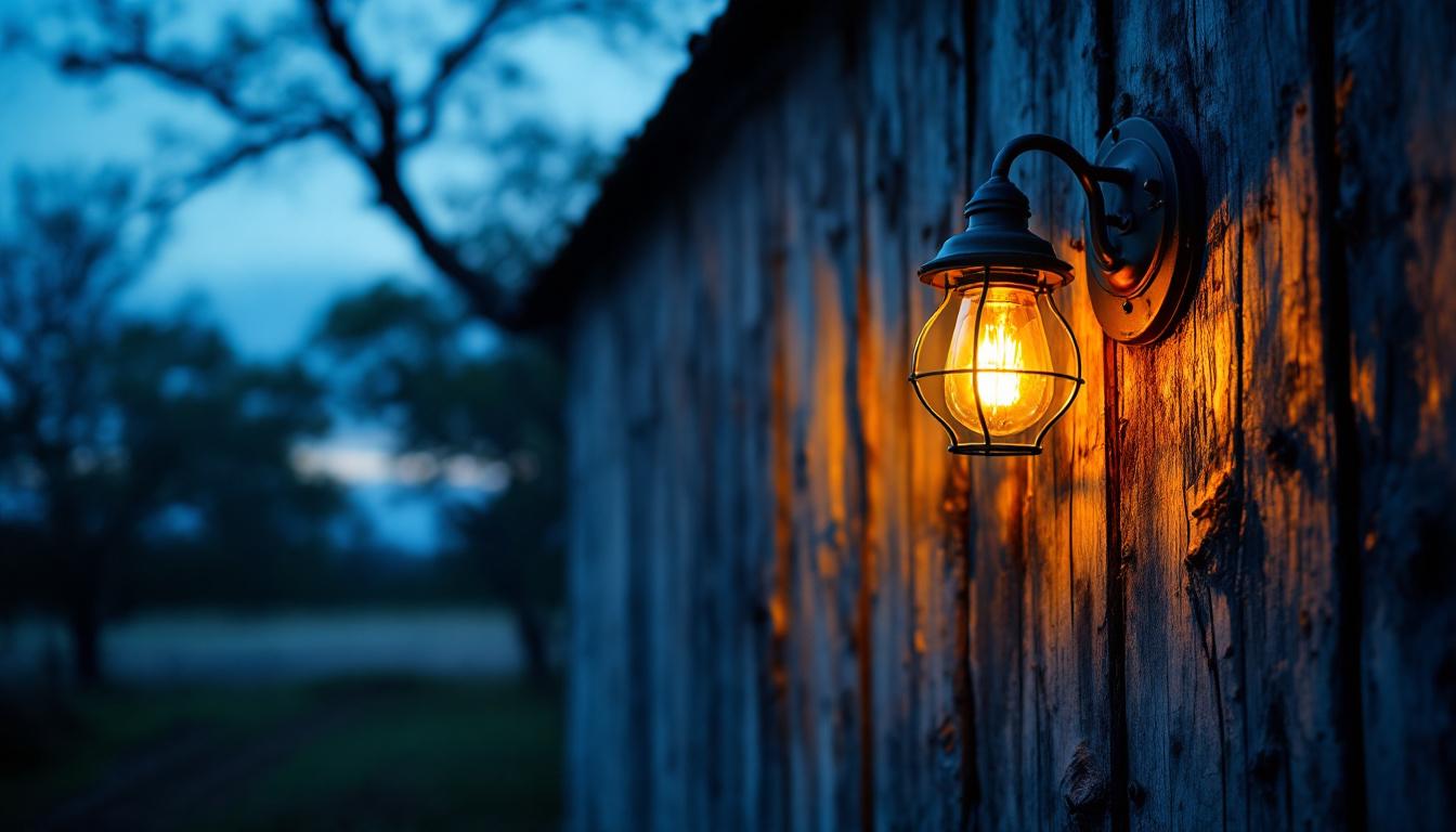 A photograph of a beautifully restored vintage exterior barn light illuminating a rustic barn setting at dusk