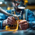 A photograph of a skilled lighting contractor expertly using a specialized tool to pull wire through a conduit