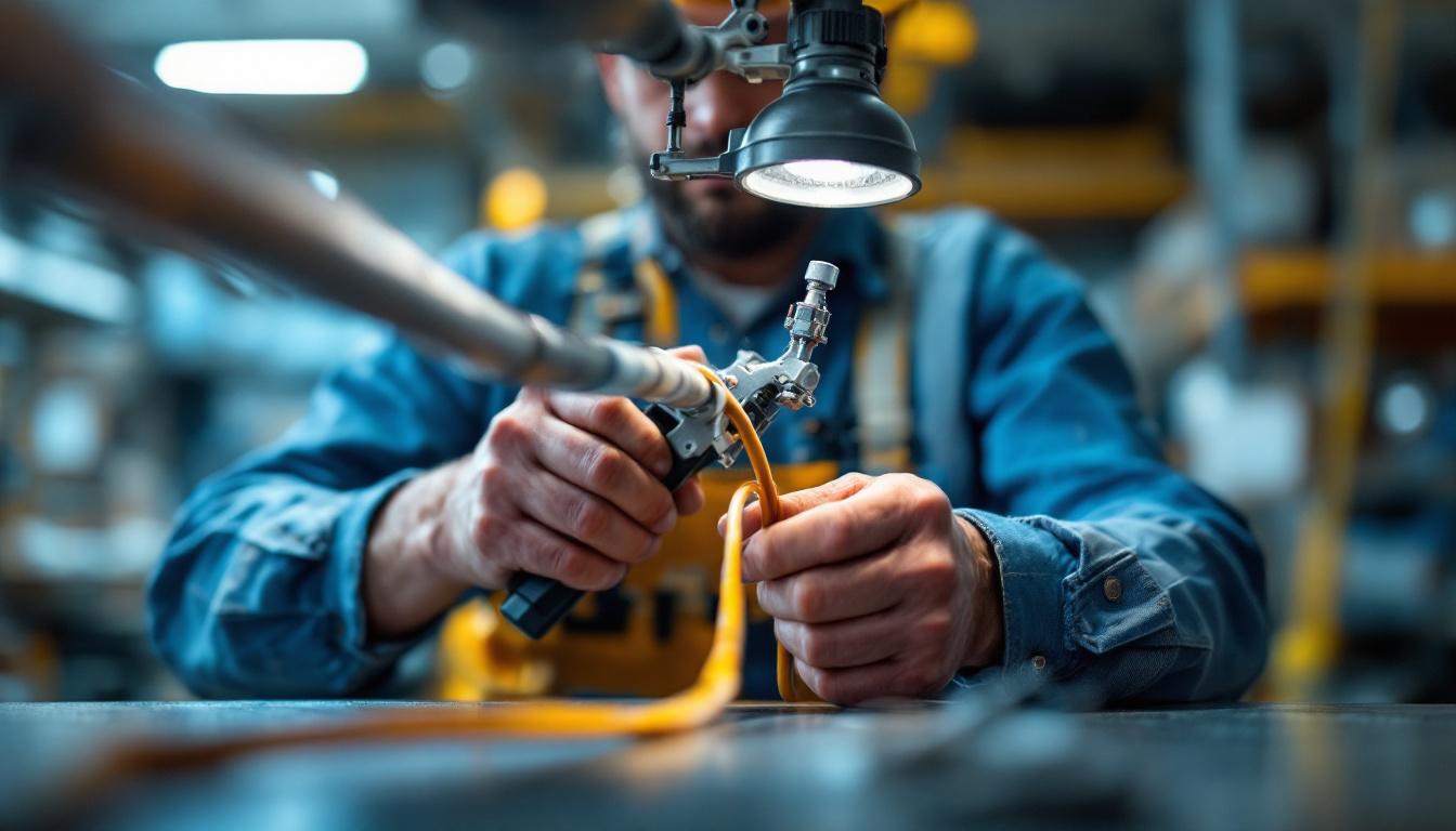 A photograph of a skilled lighting contractor expertly using a specialized tool to pull wire through a conduit