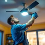 A photograph of a skilled lighting contractor expertly installing a stylish ceiling fan with integrated lighting in a modern home setting