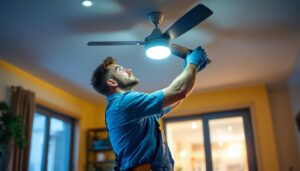 A photograph of a skilled lighting contractor expertly installing a stylish ceiling fan with integrated lighting in a modern home setting