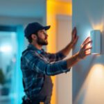 A photograph of a lighting contractor installing a sleek wall mount motion sensor in a modern home setting