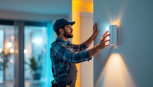 A photograph of a lighting contractor installing a sleek wall mount motion sensor in a modern home setting