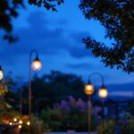 A photograph of a beautifully arranged outdoor space featuring a variety of decorative light fixtures illuminating a garden or patio area at dusk
