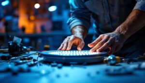 A photograph of a well-lit workspace featuring a close-up of pancake led lights being installed by a lighting contractor