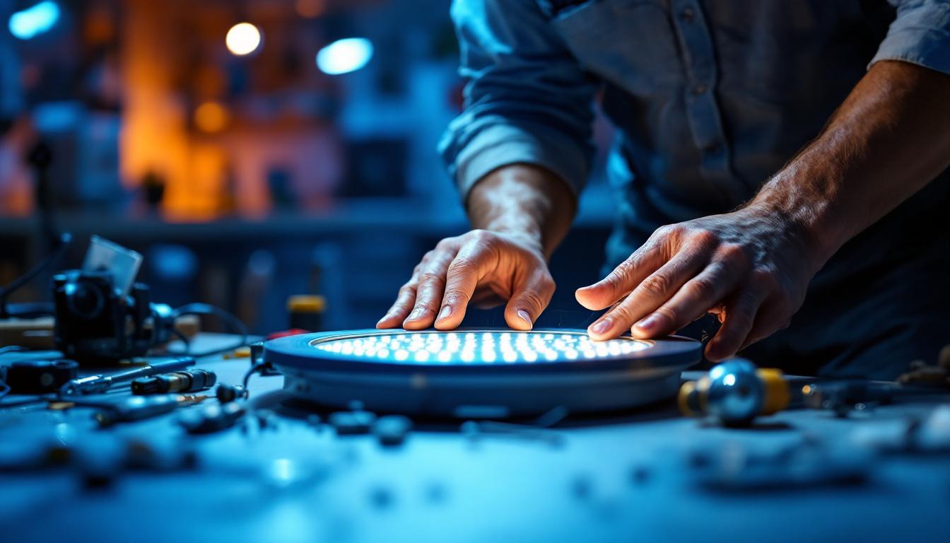 A photograph of a well-lit workspace featuring a close-up of pancake led lights being installed by a lighting contractor