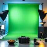 A photograph of a well-arranged chroma key lighting kit in a studio setting