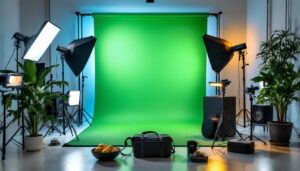 A photograph of a well-arranged chroma key lighting kit in a studio setting