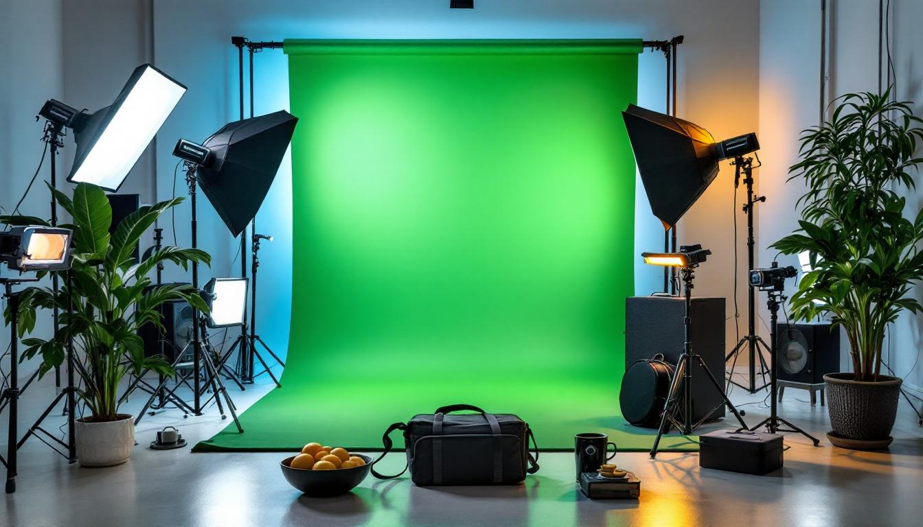 A photograph of a well-arranged chroma key lighting kit in a studio setting