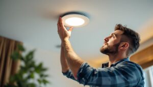 A photograph of a lighting contractor expertly installing or adjusting a sleek 4-inch recessed light fixture in a modern home setting
