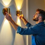 A photograph of a skilled lighting contractor expertly installing stylish wall lights in a modern interior space