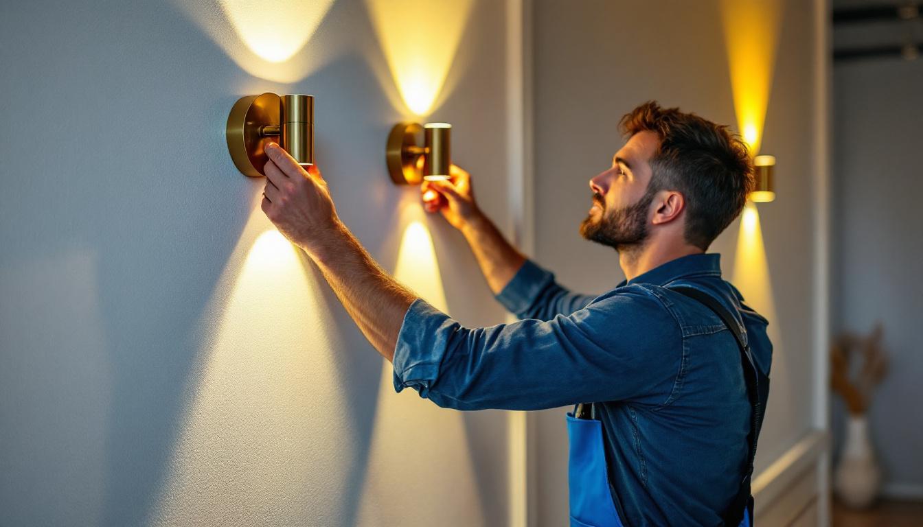 A photograph of a skilled lighting contractor expertly installing stylish wall lights in a modern interior space
