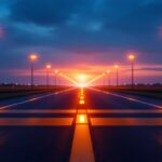 A photograph of a well-lit runway at dusk