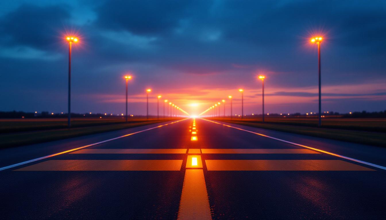A photograph of a well-lit runway at dusk
