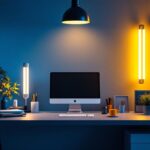 A photograph of a well-lit workspace featuring various t8 lamps of different lengths arranged aesthetically