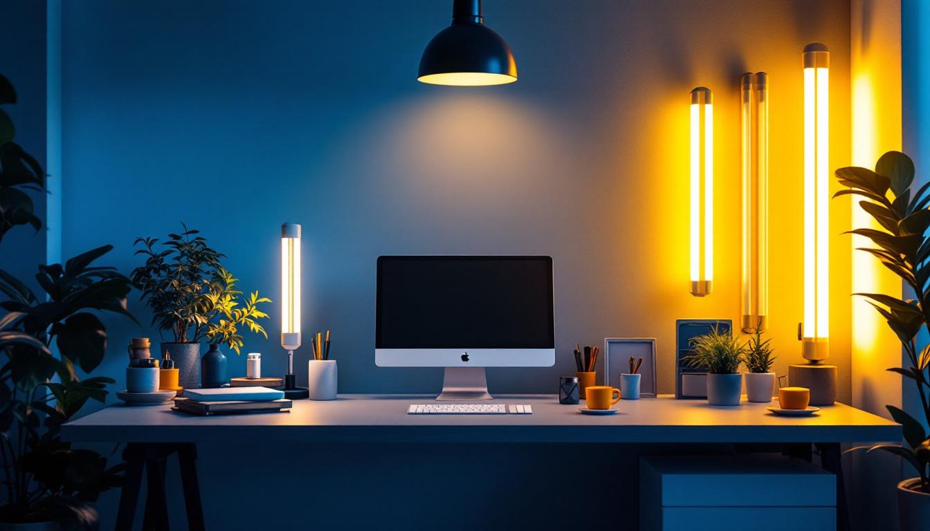 A photograph of a well-lit workspace featuring various t8 lamps of different lengths arranged aesthetically