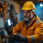 A photograph of a lighting contractor demonstrating the use of an innovative emergency light without a battery