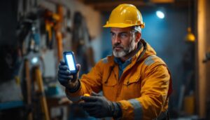 A photograph of a lighting contractor demonstrating the use of an innovative emergency light without a battery