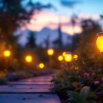 A photograph of capture a photograph of a vibrant outdoor setting featuring solar-powered led light bulbs illuminating a garden or pathway at dusk