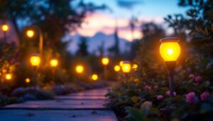 A photograph of capture a photograph of a vibrant outdoor setting featuring solar-powered led light bulbs illuminating a garden or pathway at dusk