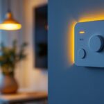 A photograph of a modern programmable wall switch timer installed in a stylish home setting