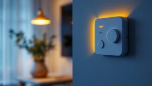 A photograph of a modern programmable wall switch timer installed in a stylish home setting