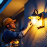 A photograph of a lighting contractor installing an energy-efficient outdoor light fixture on a home's exterior