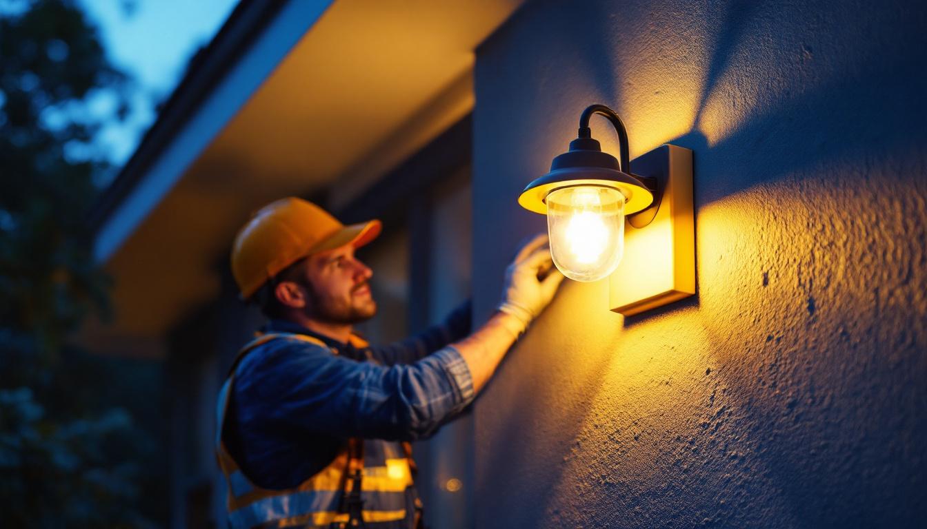 A photograph of a lighting contractor installing an energy-efficient outdoor light fixture on a home's exterior