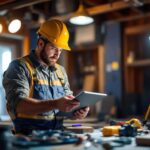 A photograph of a lighting contractor using a light meter on a construction site