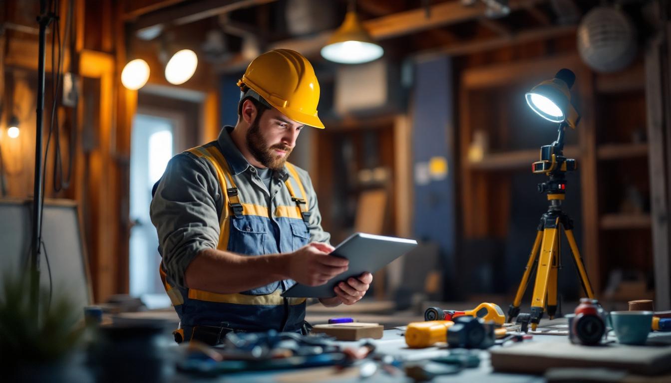 A photograph of a lighting contractor using a light meter on a construction site