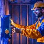 A photograph of a lighting contractor working on a project