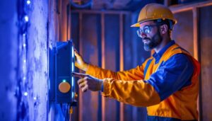 A photograph of a lighting contractor working on a project