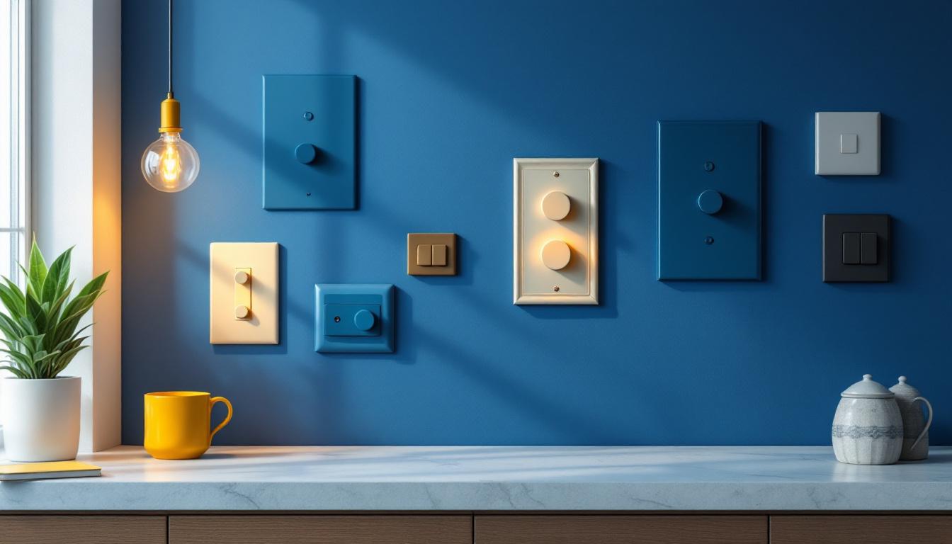 A photograph of a well-lit interior featuring a variety of stylish wall plates and light switch covers in different designs and finishes