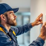 A photograph of a lighting contractor expertly installing a light fan wall switch in a modern home setting