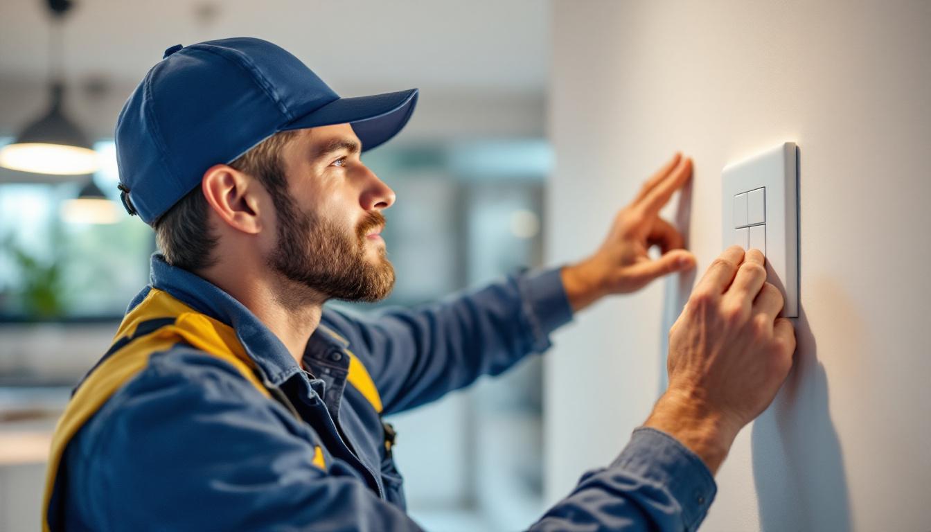 A photograph of a lighting contractor expertly installing a light fan wall switch in a modern home setting