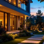 A photograph of a beautifully landscaped outdoor space illuminated by sleek led recessed lights