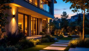 A photograph of a beautifully landscaped outdoor space illuminated by sleek led recessed lights