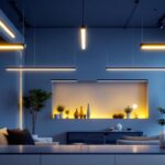 A photograph of a modern interior space featuring sleek linear suspended lighting fixtures