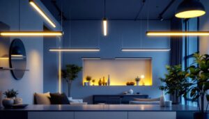 A photograph of a modern interior space featuring sleek linear suspended lighting fixtures