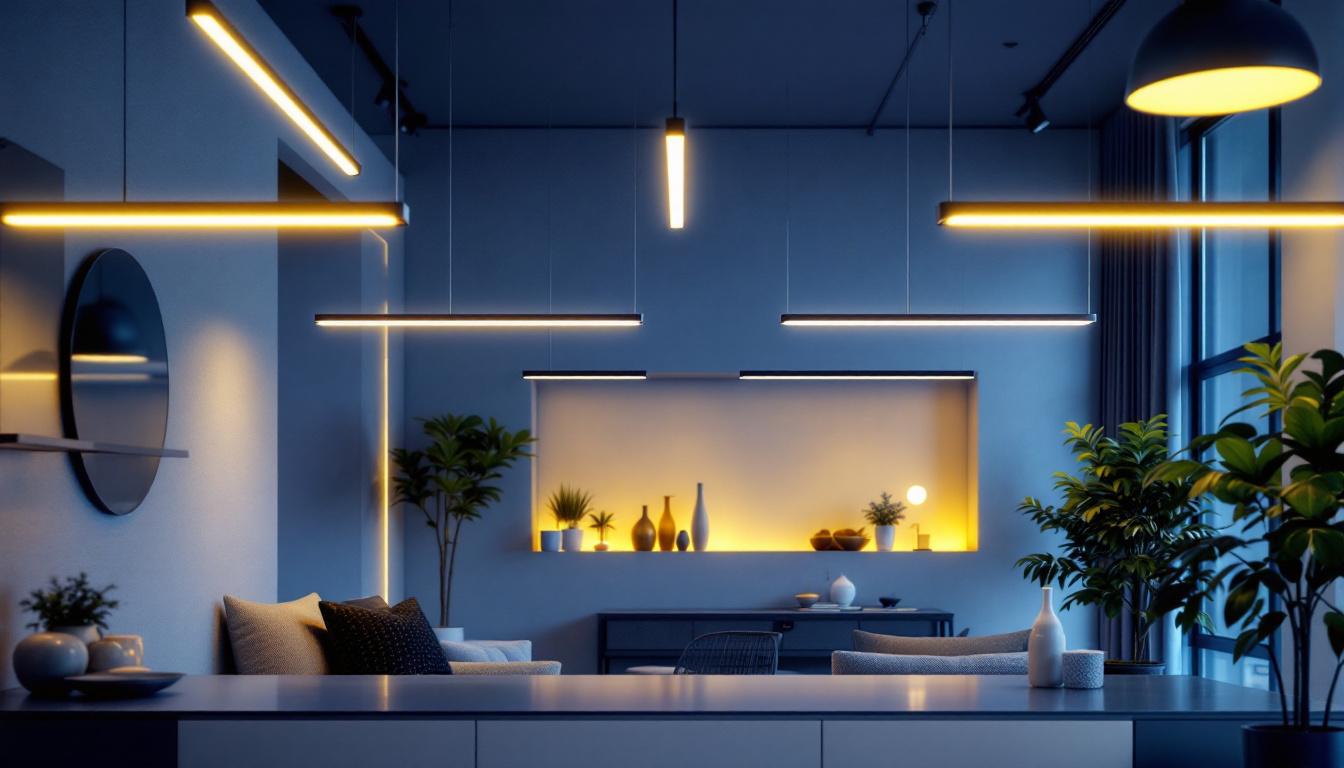 A photograph of a modern interior space featuring sleek linear suspended lighting fixtures