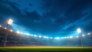 A photograph of a well-lit stadium at dusk