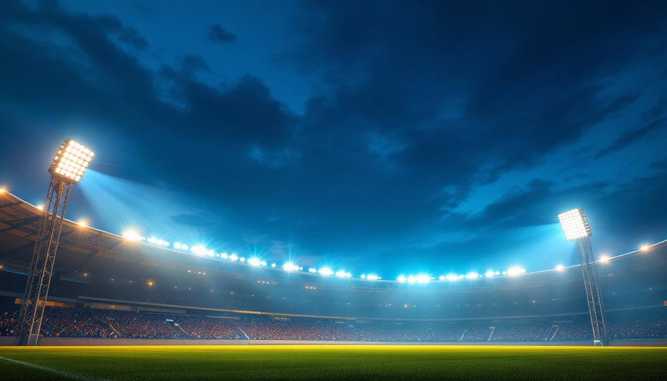 A photograph of a well-lit stadium at dusk